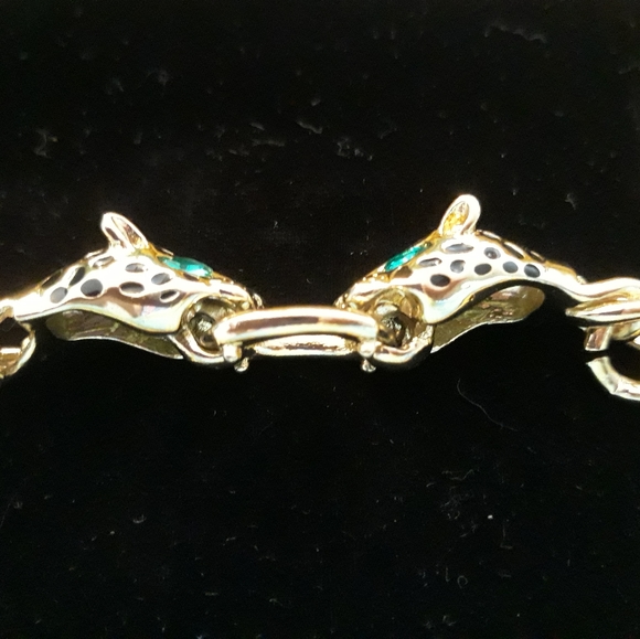 Vintage Double Leopard Head with Green Rhinestone Eyes Chunky Chain Bracelet - Picture 6 of 15